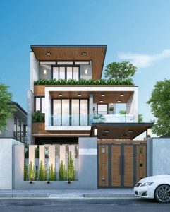 Concept and atlas of a simple two-story house with a balcony